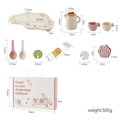 Wooden tea set parts diagram showing teapot, cups, spoon, and lemon slice pieces