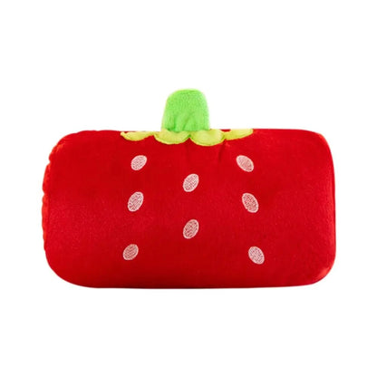 Red plush hand warmer pillow with white sprinkle dots and green stem