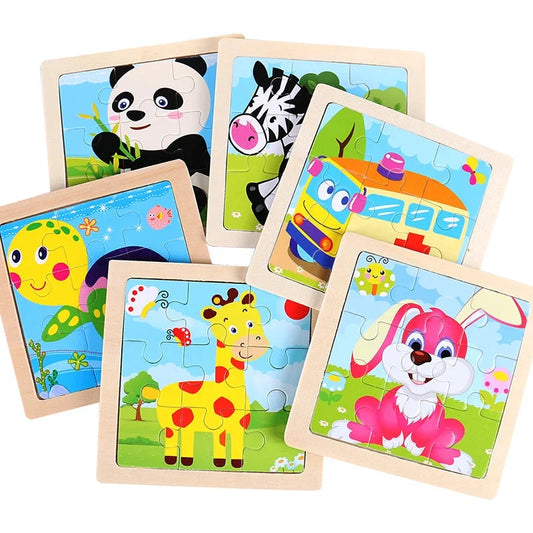 Kids wooden jigsaw puzzle set with framed cartoon animal and vehicle scenes