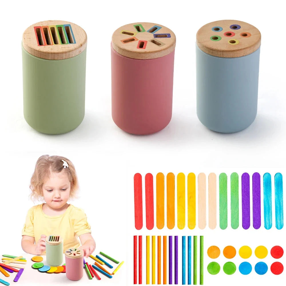 Montessori Colour Sorting Stick & Pot Toy – Wooden Rainbow Sticks, Colour Discs & Holed Lid | BPA-Free | Toddler Learning & Birthday Gift