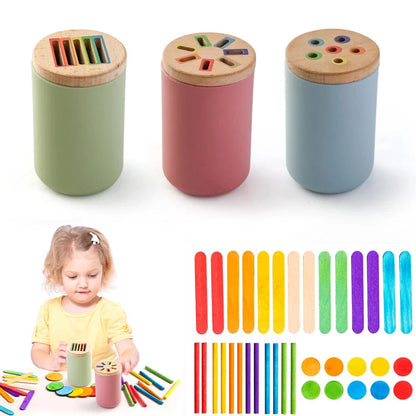 Montessori Colour Sorting Stick & Pot Toy – Wooden Rainbow Sticks, Colour Discs & Holed Lid | BPA-Free | Toddler Learning & Birthday Gift