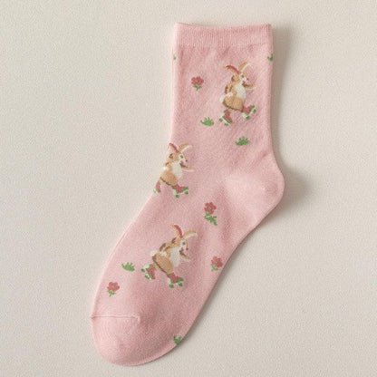 Pink socks with small animal and flower print