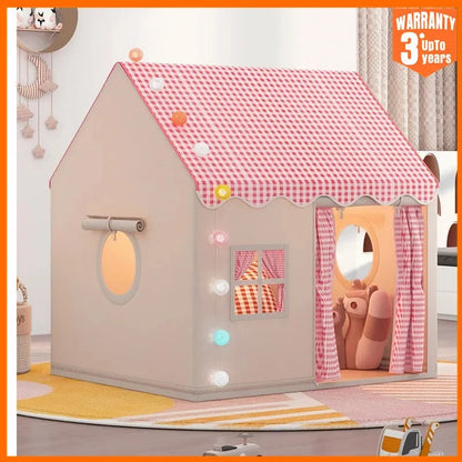 Kids Indoor Play House Tent – Cottage Style with Gingham Roof, Windows & Curtain Door | Foldable | Yellow, Pink, Khaki | Children's Birthday Gift