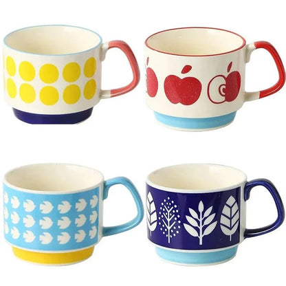 Retro Ceramic Stackable Mug 300ml – Scandinavian Pattern | Spots, Apples, Tulips, Trees & More | Coffee, Tea & Breakfast Cup | Housewarming Gift
