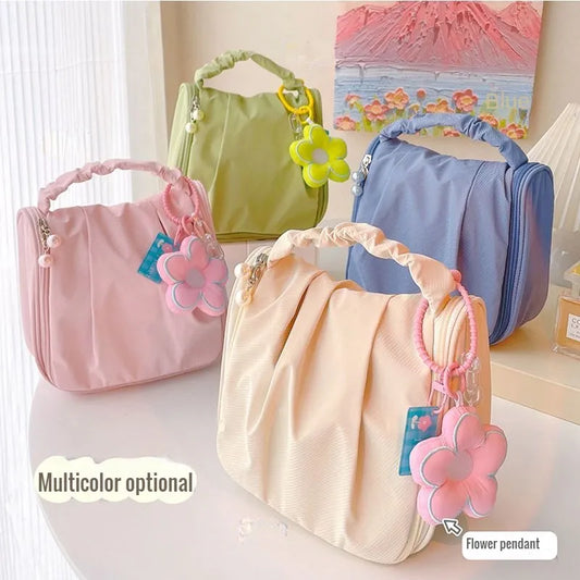Hanging makeup bag with flower pendant charm and mesh pockets, multicolor set