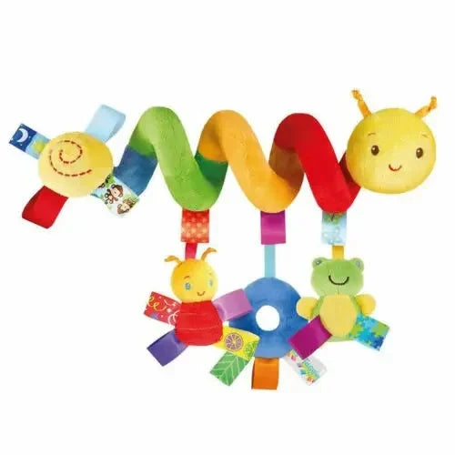 Yellow caterpillar spiral hanging toy with multicolor plush rattles and tags