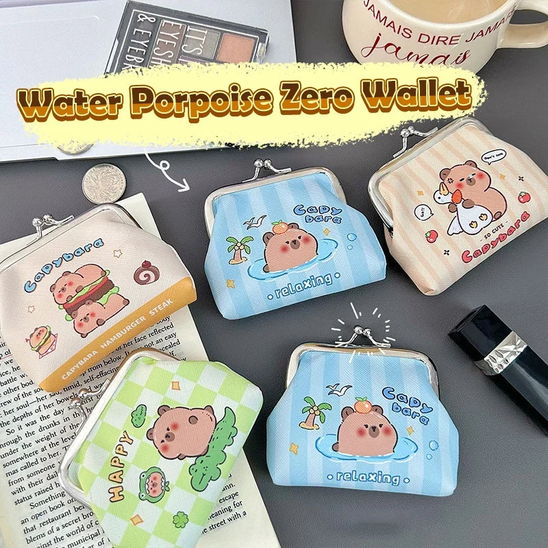 Collection of capybara coin purses with metal kiss-lock clasps in striped and checkered designs