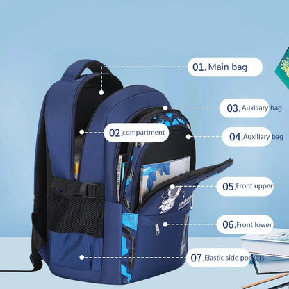 Kids navy astronaut backpack with front compartments, elastic side pockets, and straps
