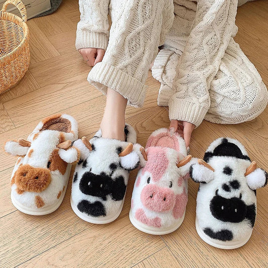 Cute Cow Slippers | Cozy Faux Fur House Shoes | Sizes 36–45
