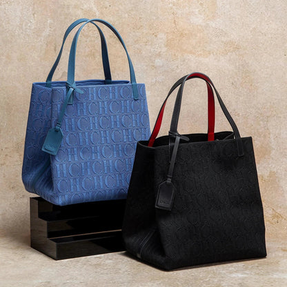 Large knitted tote bag with CHCH pattern, blue and black, dual top handles.