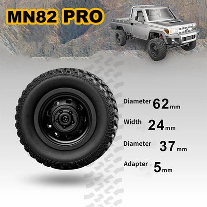Close-up of black RC pickup truck tire and rim with size measurement labels