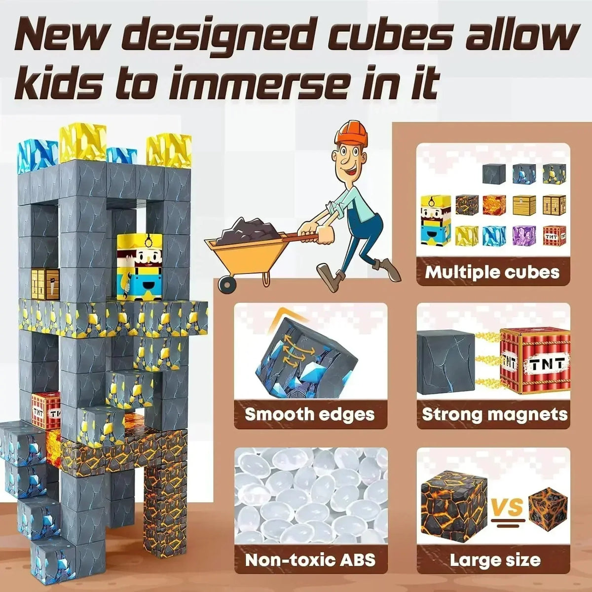 Magnetic cube building blocks set with tall columns and multiple small cube formations