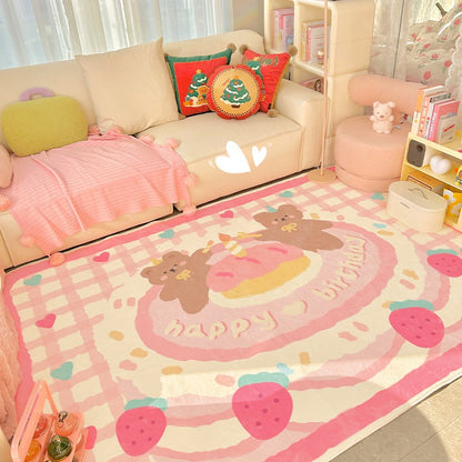 Pastel plush area rug with 'happy' text and playful animal and fruit pattern