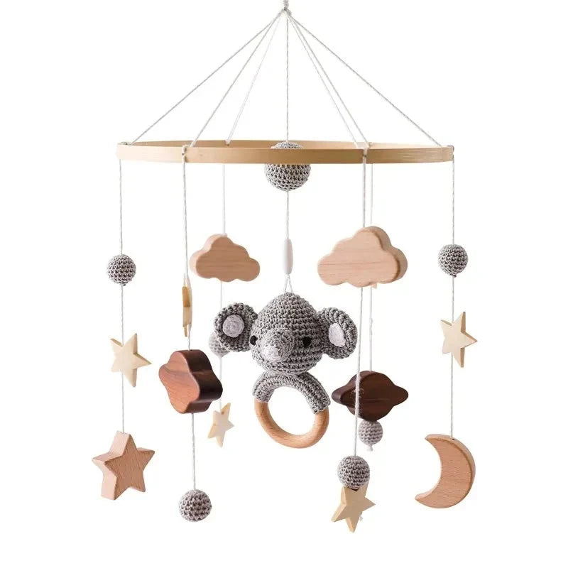 Baby Crib Mobile & Music Box – Rotating Crochet Animal Mobile, Music Motor & Wooden Arm | Nursery Soothing Toy | 0–12 Months Baby Gift