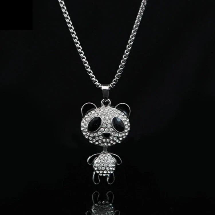 Rhinestone panda pendant necklace featuring black eye details and dangling body charm