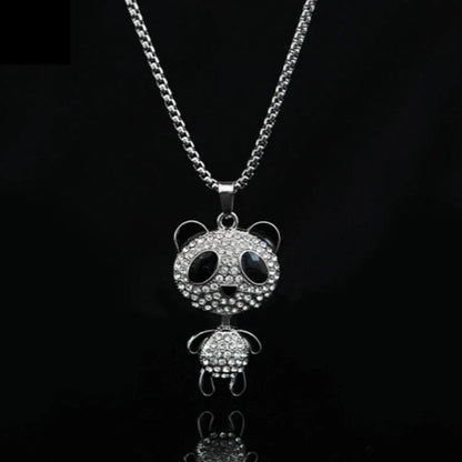 Rhinestone panda pendant necklace featuring black eye details and dangling body charm