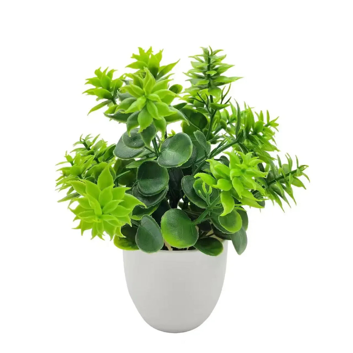Artificial plant with round succulent-style green leaves in a white plastic pot