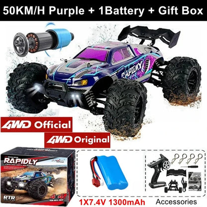 Purple 1:16 4x4 off-road RC truck with blue accents and oversized knobby tires