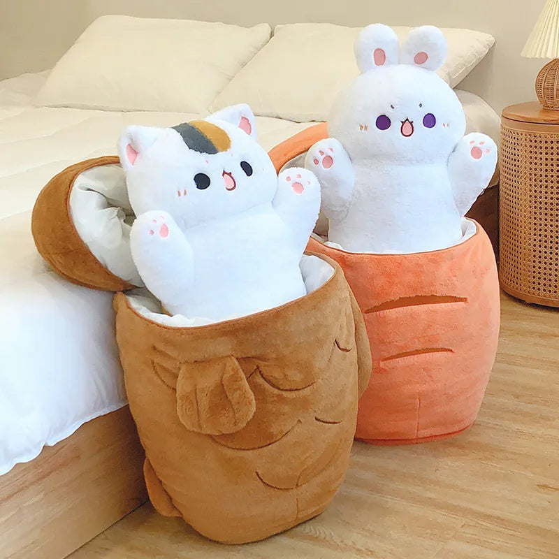 Cat-themed animal plush in brown costume pouch with white face and pink paw details