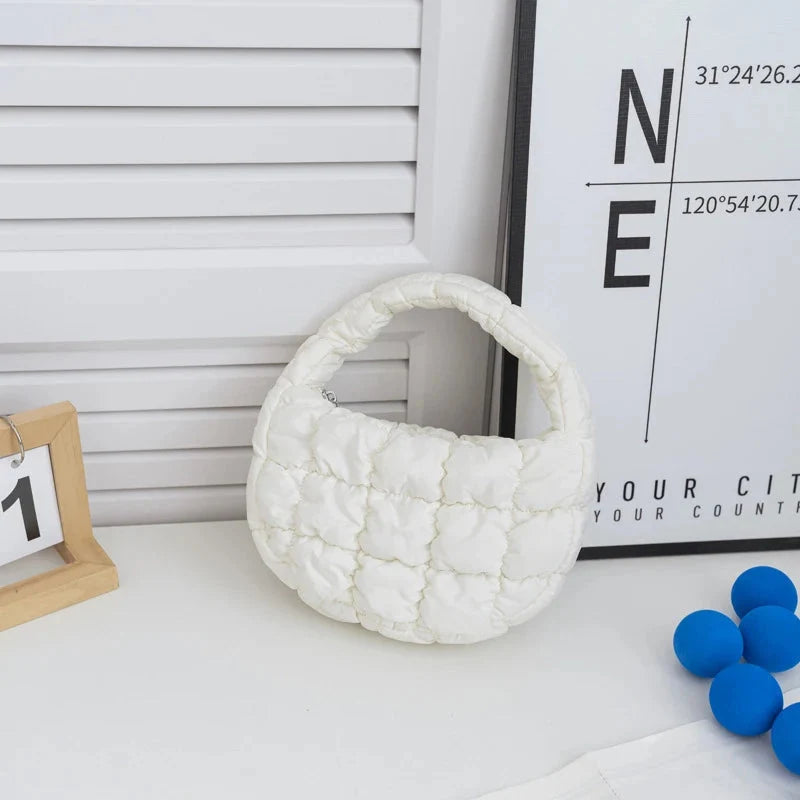 Mini quilted puffer circle tote bag with short handles, white