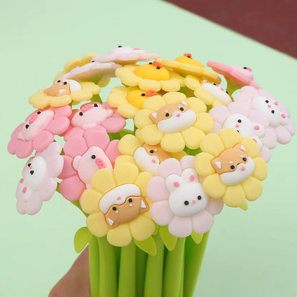 Pastel animal flower–topped pens bundled like a bouquet