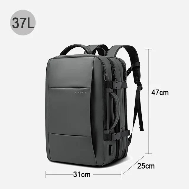 Expandable waterproof business backpack, dark grey, front zip, padded shoulder straps, 37L.