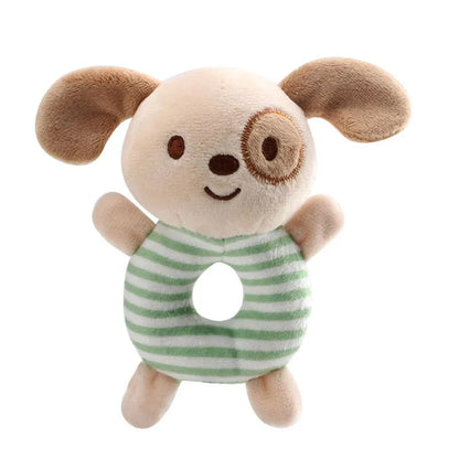 Brown-and-cream pig plush ring rattle toy with green striped outfit and round rattle