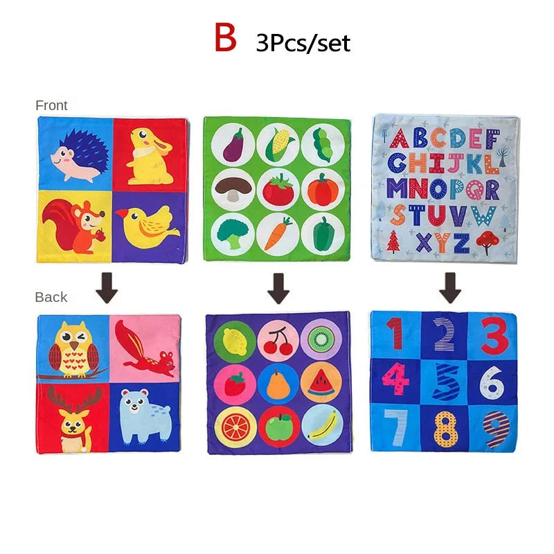 Set of 3 fabric sensory squares with letters, numbers, and fruit icons, front and back