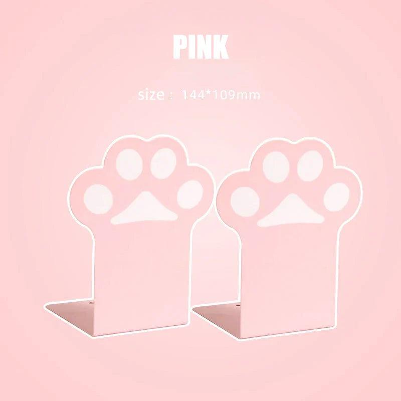 Pink cat paw bookends with paw print cutout, two-piece set for books