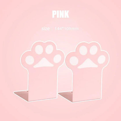 Pink cat paw bookends with paw print cutout, two-piece set for books