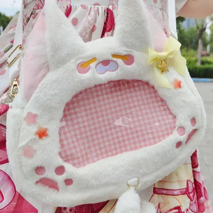White cat plush ita bag with pink gingham inner panel and yellow bow