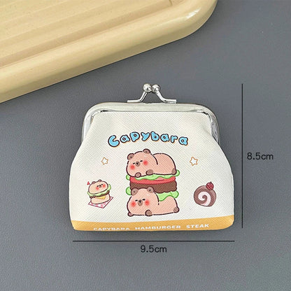 Capybara coin purse with kiss-lock clasp, white fabric with capybara burger graphic