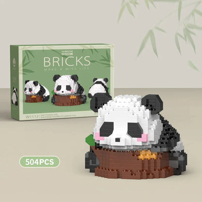 Panda building block set box and assembled panda figurine with brown ground base