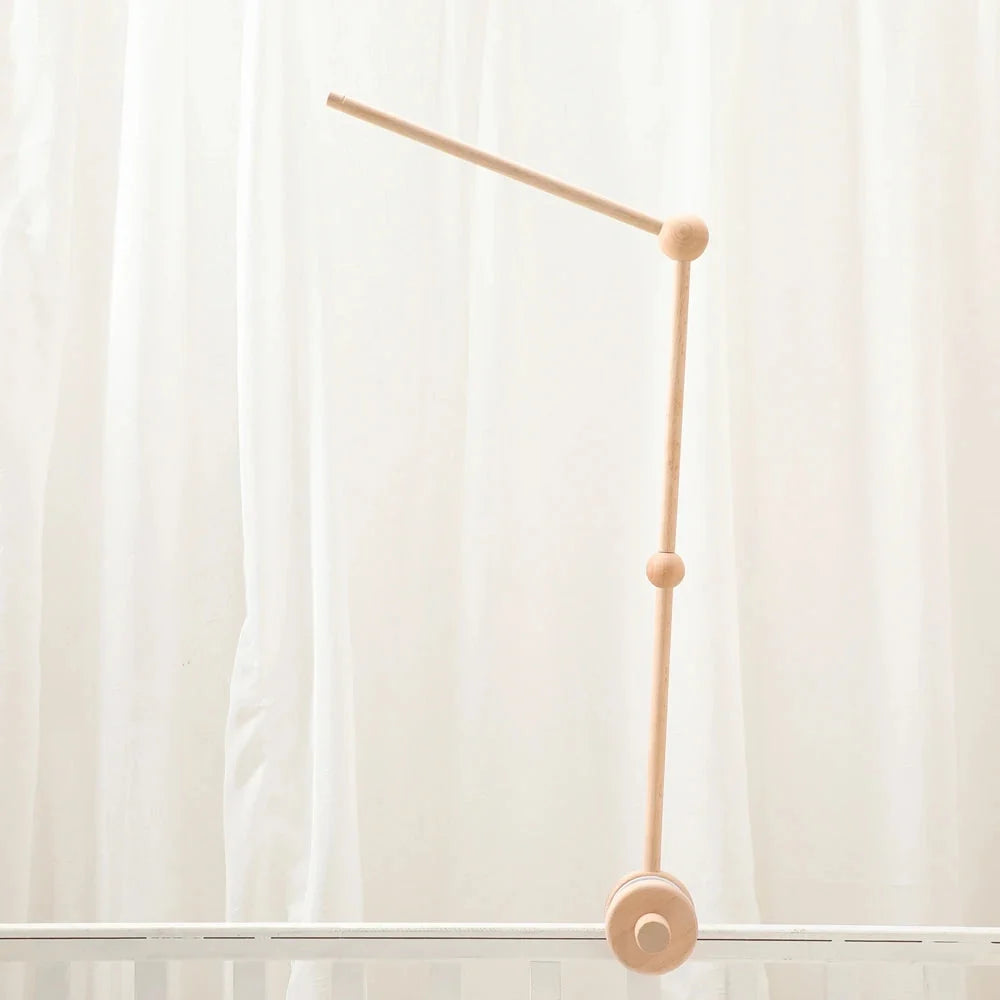 Wooden crib mobile bed bell bracket with vertical pole and round base connector
