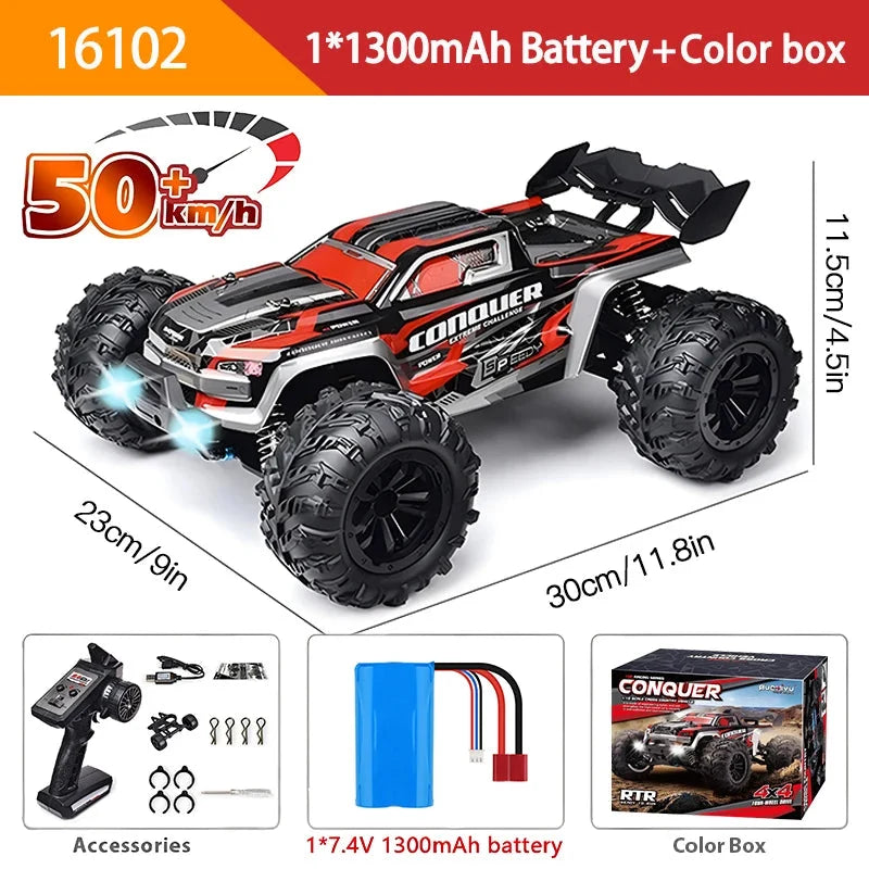 1:16 4WD RC monster truck, orange-and-black with LED headlights, remote control car