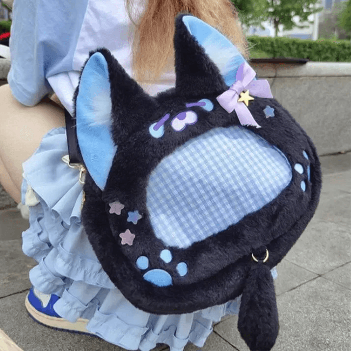 Black cat plush ita bag with light blue inner patch and ribbon star charm