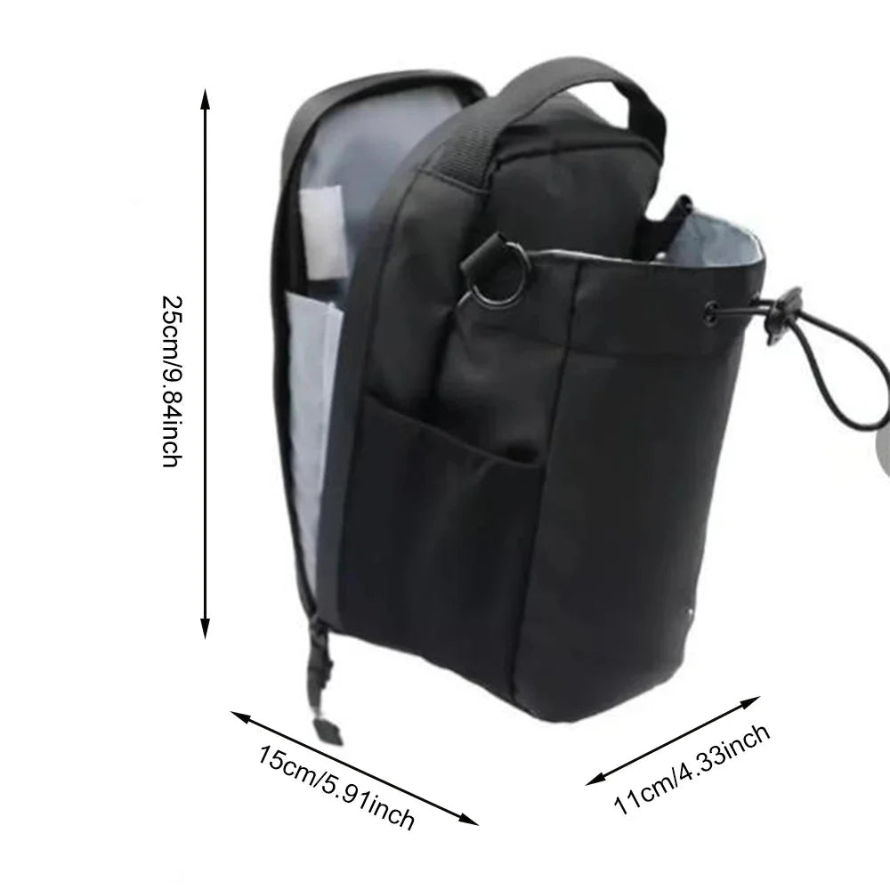 Black magnetic gym sling bag with water bottle holder and front compartments