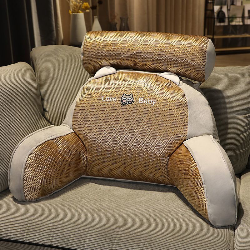 Beige and gray plush reading pillow with “Love Baby” character print on front