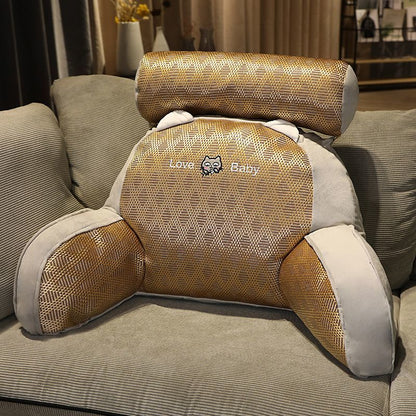Beige and gray plush reading pillow with “Love Baby” character print on front