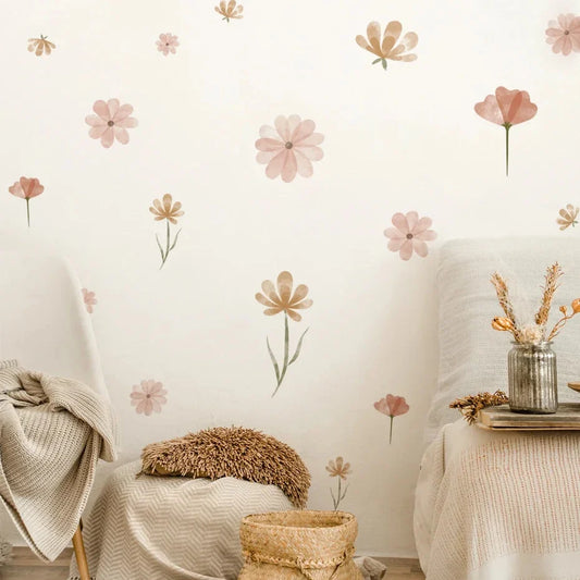 Pastel watercolor flower wall stickers set, small blossoms and stems for kids rooms