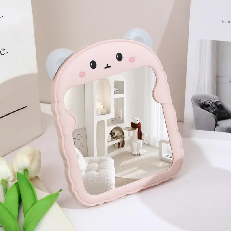 Light pink and white animal-shaped desktop mirror with cute face and ear details