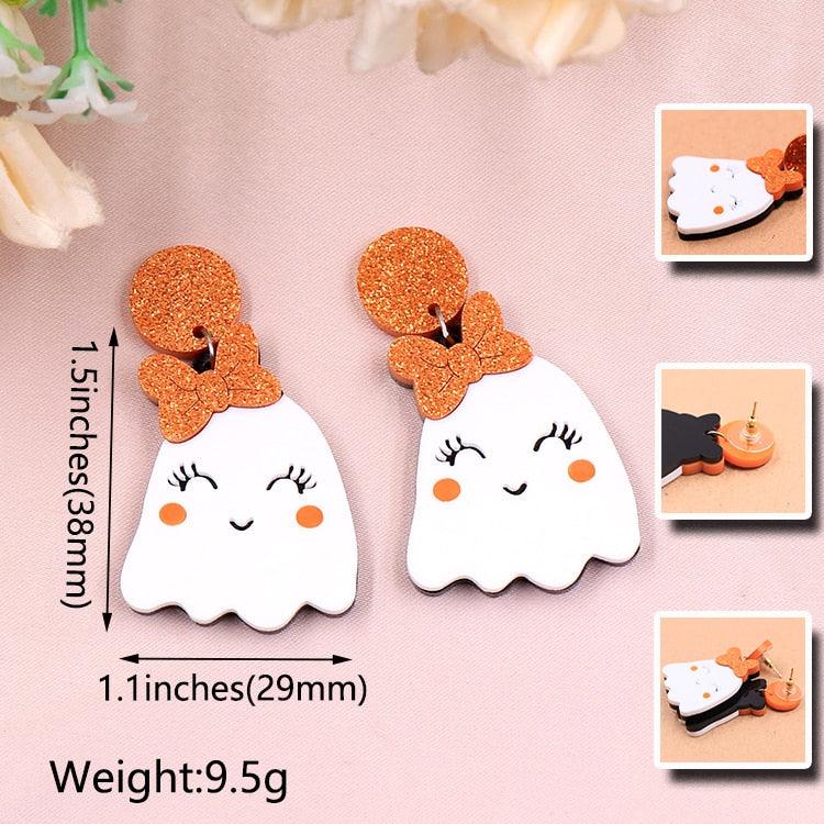Ghost face Halloween earrings, two-piece set with glitter orange crown and bow on white ghosts