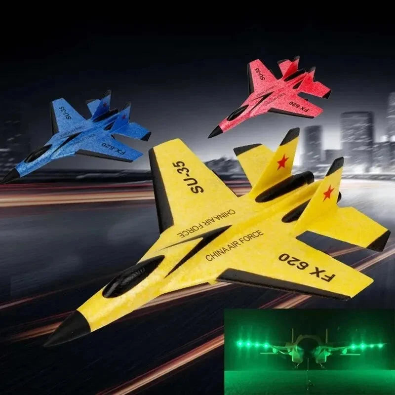 Yellow and red RC foam glider airplanes with LED light glow and black controller