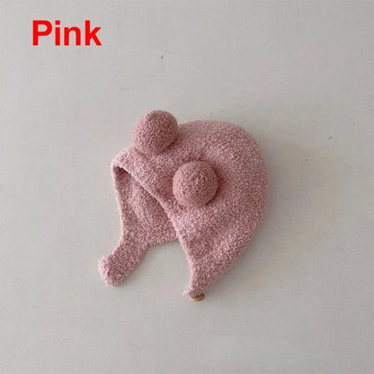 Pink kids bear-ear ear protection hood hat with rounded pom-pom ears