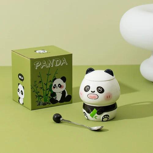 Ceramic panda mug with lid; white body with black belt, green bamboo accents, spoon included
