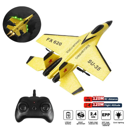 Yellow RC foam fighter glider SU-35 with black remote control