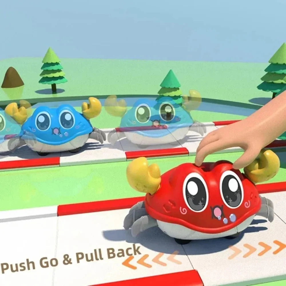 Red interactive crawling crab toy with oversized eyes and gray claw legs