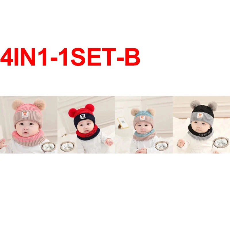 Kids winter ear protection hat set with four knit beanies in different colors