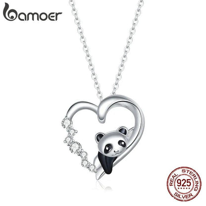 925 sterling silver necklace with heart panda pendant and dangling crystal drops
