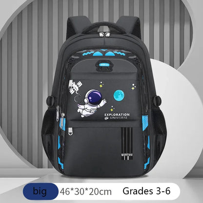 Kids astronaut waterproof school backpack, dark gray/black with front astronaut graphic and side pockets
